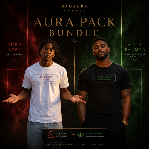 Two individuals wearing t-shirts with 'Aura' branding against a dark background with text and graphics.