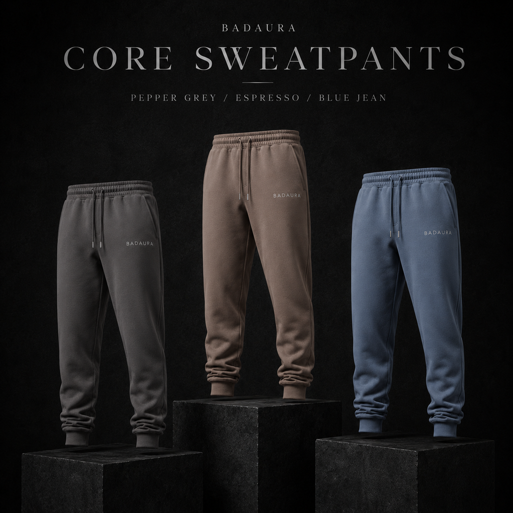 Three pairs of sweatpants in different colors with 'Badaura' branding.